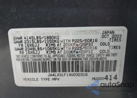 2004 Mitsubishi Outlander Ls z USA, uszkodzony, nr VIN JA4LX31F14U032316